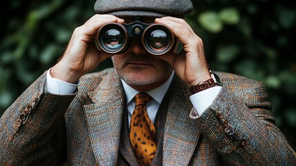 Man in tweed suit using binoculars.