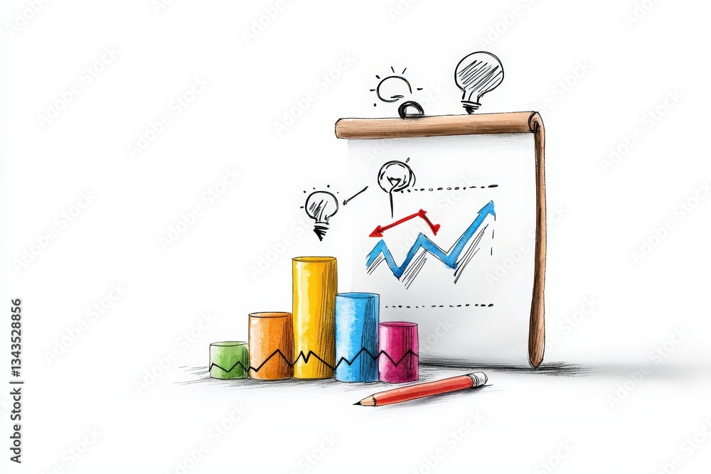 Poster colorful bar graphs and sketches illustrating data analysis and growth trends for business and finan