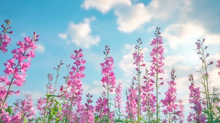 Naklejka premium Summer flower meadow wildflower field pink with morning sunlight, Idyllic spring background with blossoming lilac bushes flowers and pink wildflowers on meadow. Pink morning clouds on blue sky over