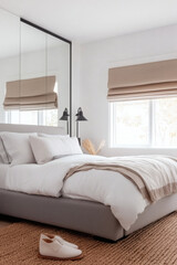Minimalist bedroom with neutral tones and natural light.