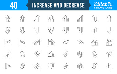 Increase and Decrease line Editable Icons set. Graph, Diagram, business growth, finance, economy, statistics, summary, profit, pictogram, fall, arrow up, down
