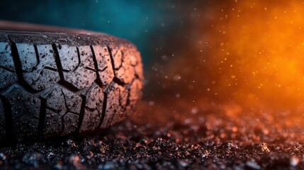 This striking image focuses on the rugged tread of a tire, emphasizing texture and stability, ideal for themes related to adventure, travel, and automotive reliability.