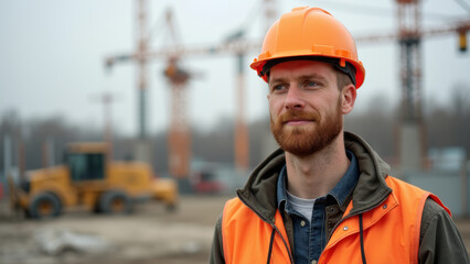 red-haired man with a beard on a construction site with helmet and construction vest