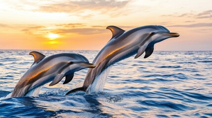 Fototapeta premium Dolphins jumping over ocean waves at sunset.