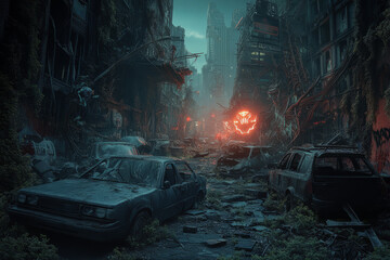 A post-apocalyptic 3D background of a shattered cityscape overtaken by neon-lit graffiti and mechanical wildlife. Rusted cars are covered in vines, while cyber-enhanced animals roam the deserted