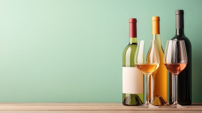 This image presents an upscale display of wine glasses positioned alongside various wine bottles, illustrating the sophistication and lifestyle associated with wine tasting events.