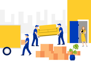 Workers carry boxes and couch from apartment to truck and woman hold cat on her hands. Moving, delivery service business, mover services, moving to a new place. Bright flat cartoon illustration.