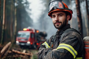 Obraz premium Brave firefighter in uniform stands proudly by fire truck at forest scene capturing heroism and dedication in an intense environment