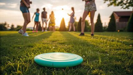 Group Playing Frisbee on Grass at Sunset with Friends
