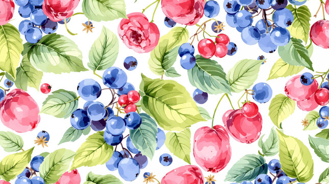 Watercolor Berry Pattern Raspberries on Clean White Background