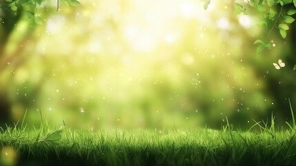 Obraz premium Green grass field and lush forest with light and butterfly