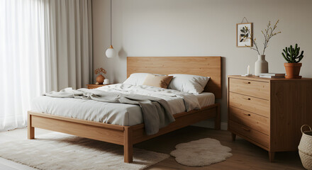  A Scandinavian-style bedroom with neutral tones and wooden accents