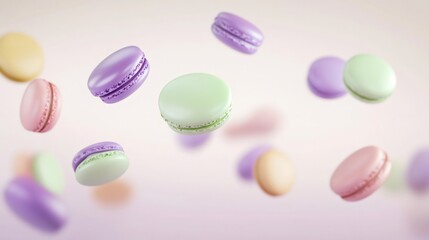 Obraz premium Colorful macarons falling on pink background