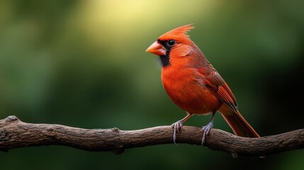 Fototapeta premium A vibrant red cardinal is seen perched on a wooden branch, showcasing its bright plumage against a blurred green background, highlighting the beauty of nature.