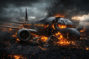 Burning airplane crash on the ground during storm