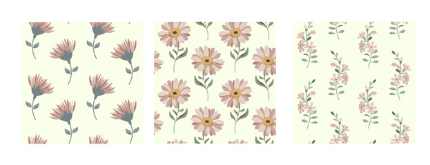 Set of summer floral wallpapers. Vector seamless patterns with beautiful blossoming flowers. Botanical plants ornament. Repeat textures for textile with tender plants.