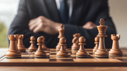 Strategic chess game in professional setting.