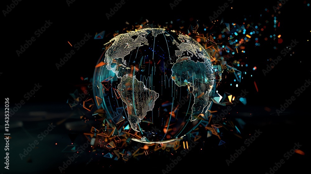 Poster a 3d rendered image of a futuristic globe surrounded by digital particles and glowing lines.