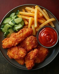 Fototapeta premium Chicken tenders with fries, cucumber and ketchup