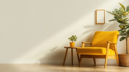 A sunlit corner features a cheerful yellow chair next to a wooden table and green plants, offering a perfect blend of comfort and aesthetic appeal in a modern living space.