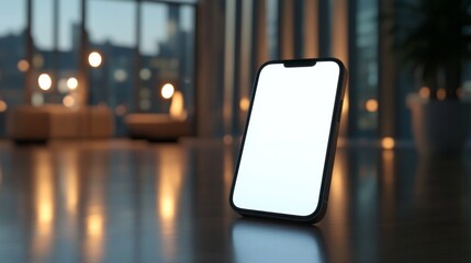 Cellphone with blank white screen rests on reflective surface