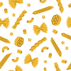 Pasta. Macaroni, farfalle, penne, fusilli, stelline, ruote, ditalini. Traditional Italian food. Various noodles types. Vector flat cartoon seamless pattern for textile, fabric, wrapping, pack