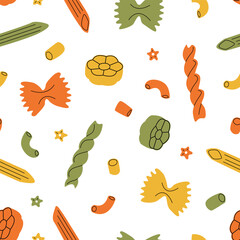 Pasta colorata. Macaroni, farfalle, penne, fusilli, stelline, ruote, ditalini. Traditional Italian food. Various noodles types. Vector flat cartoon seamless pattern for textile, fabric, wrapping, pack