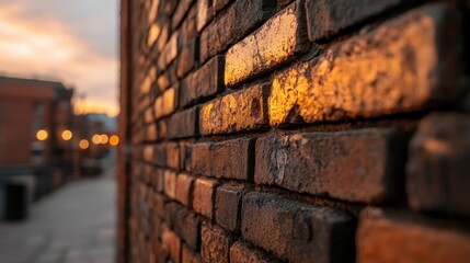 A close-up view of a weathered brick wall illuminated by the warm glow of sunset, creating a captivating contrast between light and shadow in an urban setting.