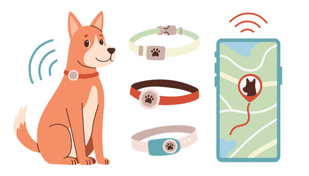 Pet GPS tracker. GPS tracking for a walking dog. A smartphone with a map shows the movement of pets. A pet tracking app. Vector flat illustration on white background.