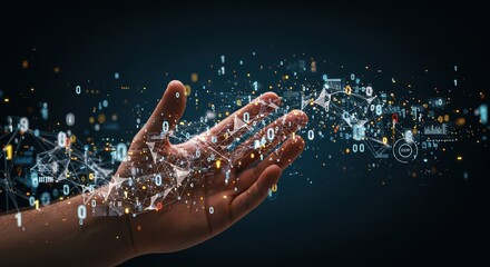 A hand presenting floating data visualizations with binary code and glowing connections around it