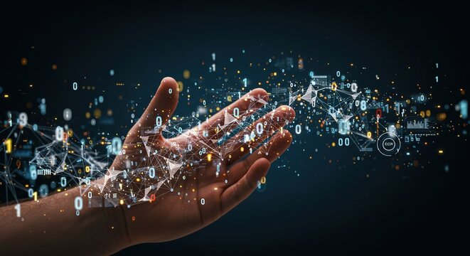 A hand presenting floating data visualizations with binary code and glowing connections around it - Powered by Adobe
