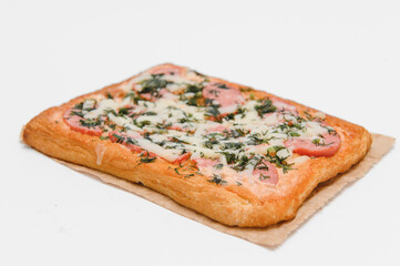 Tasty mini pizza on white background