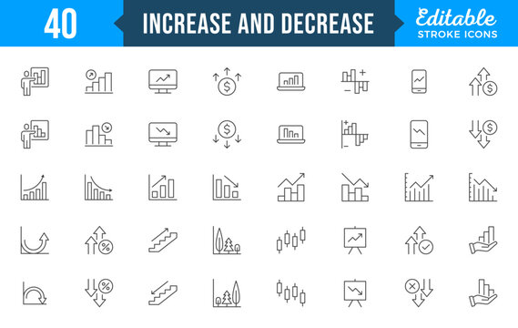 Increase and Decrease line Editable Icons set. Graph, Diagram, business growth, finance, economy, statistics, summary, profit, pictogram, fall, arrow up, down