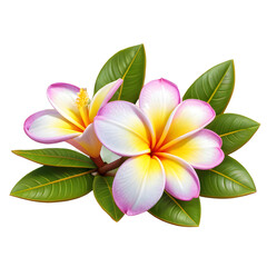 Obraz premium Two frangipani flowers blooming on branch with green leaves