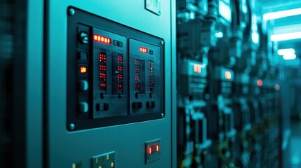 smart grid power optimization concept. Control panel with illuminated indicators in a technology environment.
