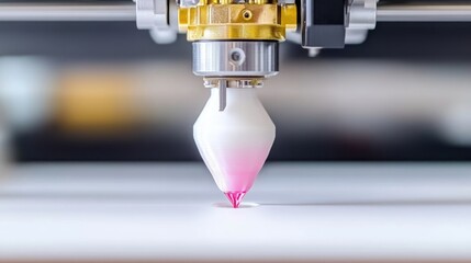 Close-up of 3D printer nozzle dispensing pink resin