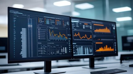 smart grid power optimization concept. Dual monitors displaying data visualizations and analytics.