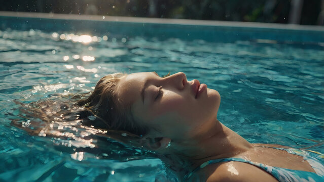 Close-up. Young beautiful woman in turquoise pool. The concept of a healthy lifestyle, relaxation, relaxation, tourism, beauty spa treatments at beauty spa, self-love.