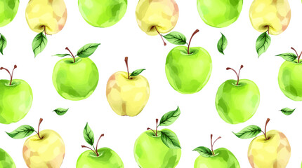 Watercolor pattern green apple white background	
