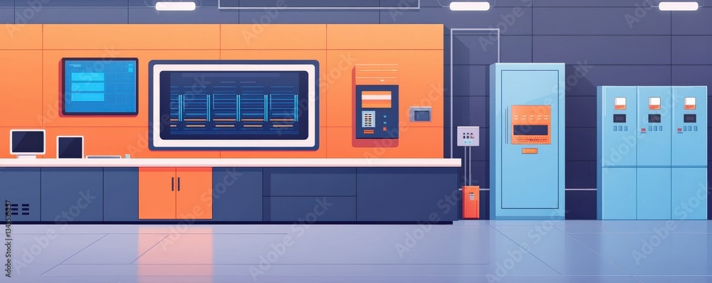 Poster smart grid power optimization concept. digital illustration of a modern control room with tech displ