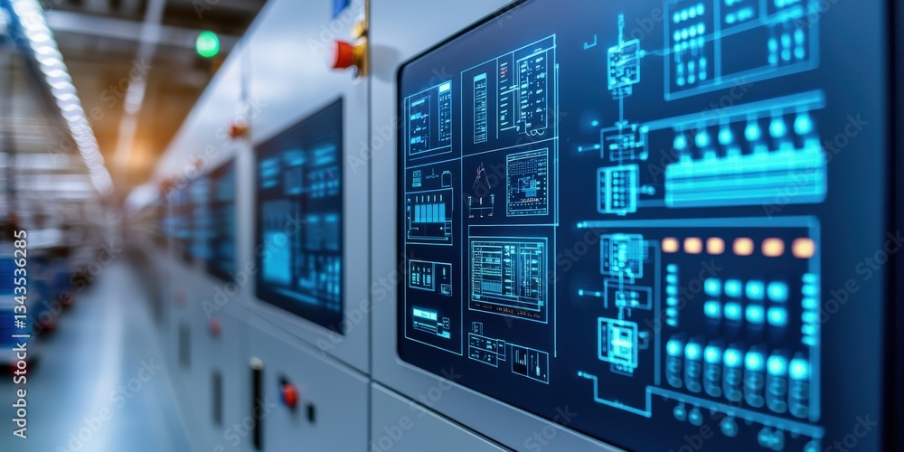 Poster smart grid power optimization concept. control panel with digital displays in a modern industrial se