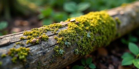 Weathered wooden log with moss and lichen growth, grungy textures, dirt
