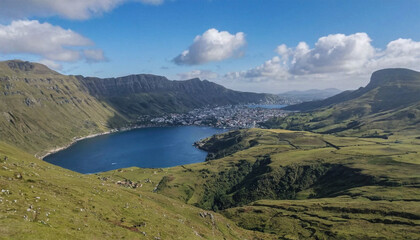 Obraz premium Aerial view of klaksvik faroe islands denmark fjord landscape mountains travel destination photography