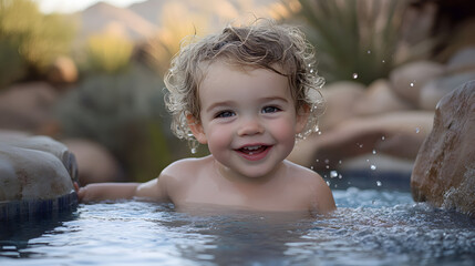 Obraz premium A happy baby joyfully splashing water in a bright sunlit pool creating moments of pure joy and innocence in a summer setting.