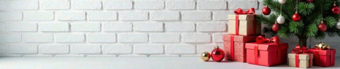 Obraz premium White brick wall with decorated Christmas tree and stacked gift boxes in a cozy atmosphere, Gift, Cozy