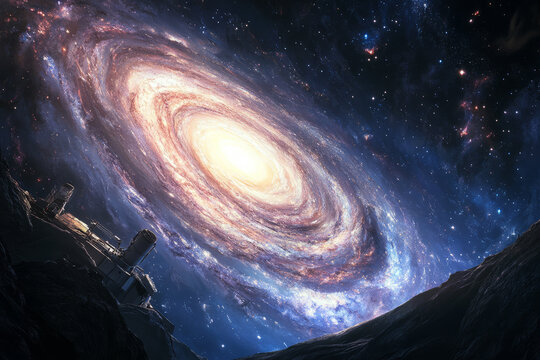 A cosmic 3D background of a massive swirling galaxy viewed from an asteroid base. Astronauts observe the celestial phenomenon from behind reinforced glass, while advanced telescopes scan the vast