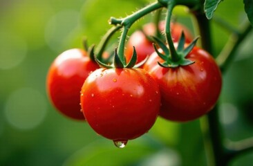 Fresh red tomatoes on vine with water droplets in garden setting