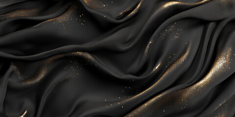 A luxury-inspired 3D background featuring a black silk fabric elegantly draped with subtle golden embroidery. The soft, flowing textures and rich contrasts create an upscale, sophisticated ambiance.