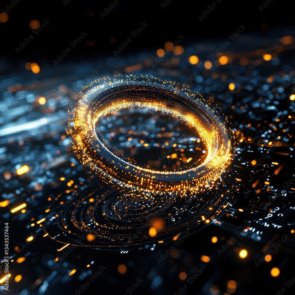 Poster a glowing ring of data metrics floating in an infinite dark space.