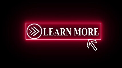 Glowing neon red color white text cursor animation. design is learn more button vector sign, symbol, pointing towards download button in looping with transparent background. - Powered by Adobe